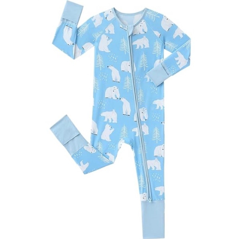 Baby Viscose Bamboo Pajamas Foldable‎ Feet/Hands Polar Bear Blue 6-12M NWT